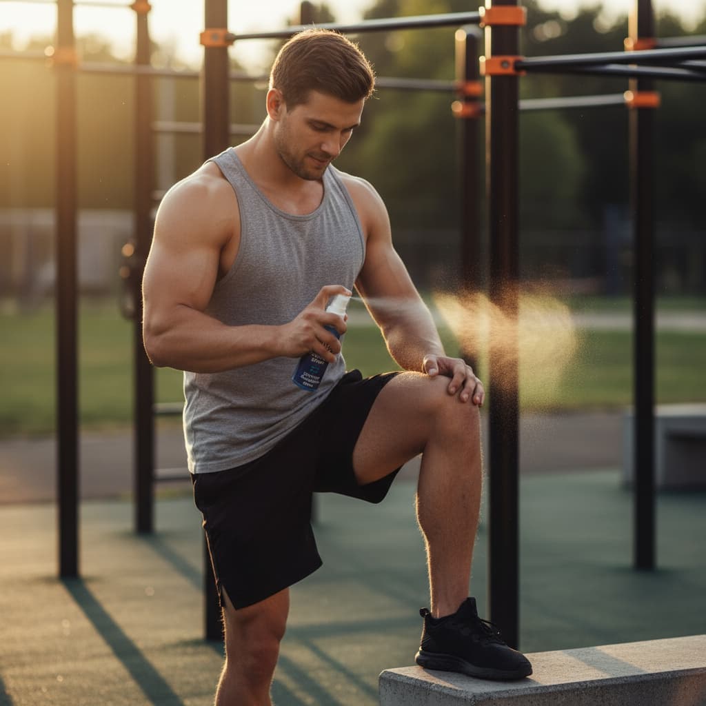 Man applying Liquid Magnesium 400MG to his knee outdoors on a sunny day.
