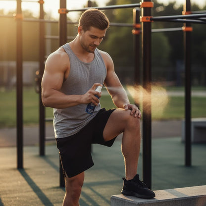 Man applying Liquid Magnesium 400MG to his knee outdoors on a sunny day.