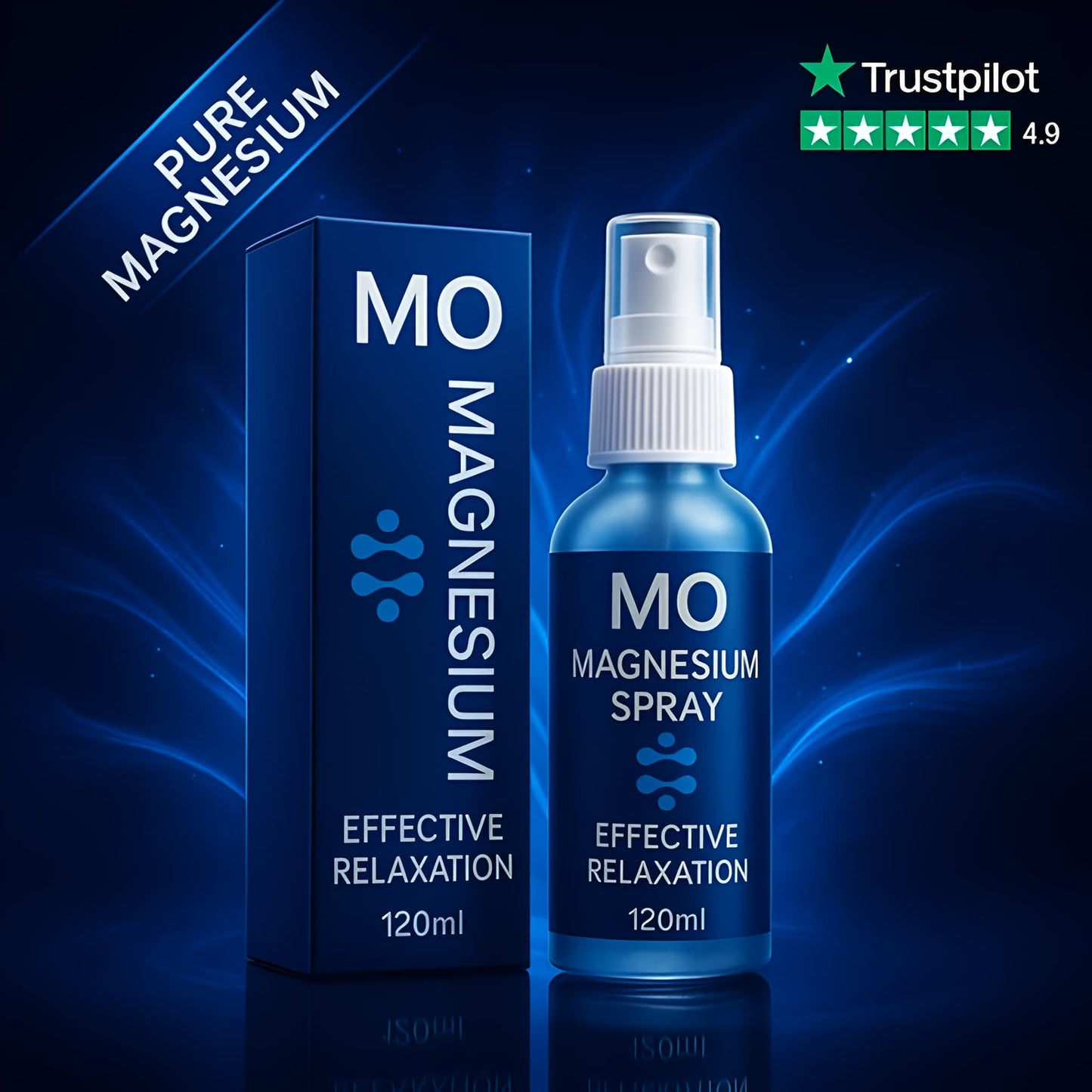 MO Magnesium spray bottle and packaging with Trustpilot rating on a dark blue background