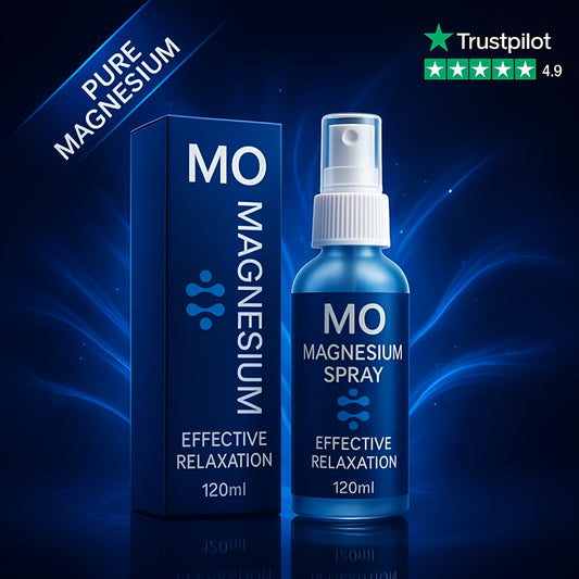 MO Magnesium spray bottle and packaging with Trustpilot rating on a dark blue background