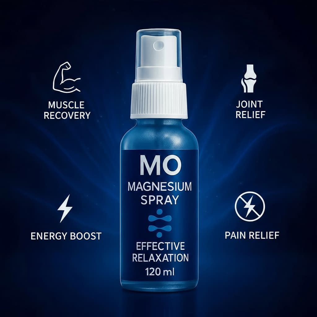 Blue magnesium spray bottle with white cap on a dark blue background, featuring icons and text about its benefits.