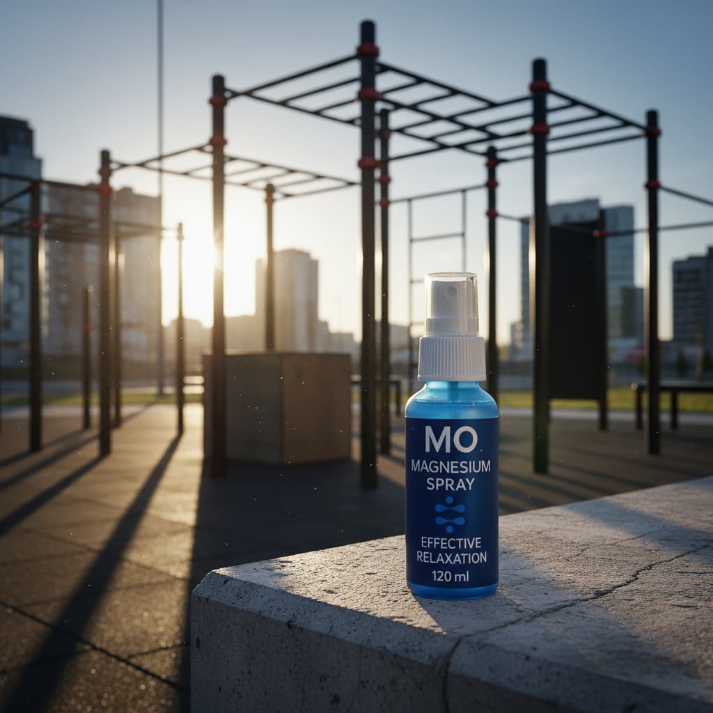 MO Magnesium Spray on a concrete surface with a calisthenics fitness park in the background.