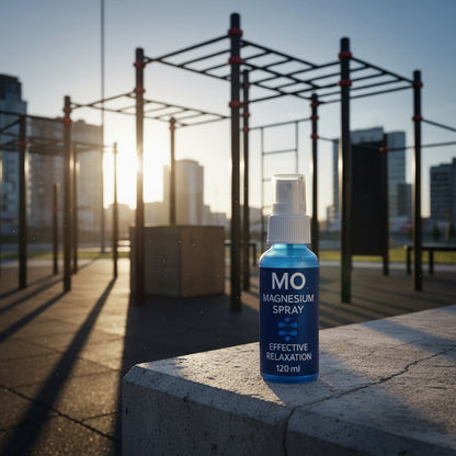 MO Magnesium Spray on a concrete surface with a calisthenics fitness park in the background.